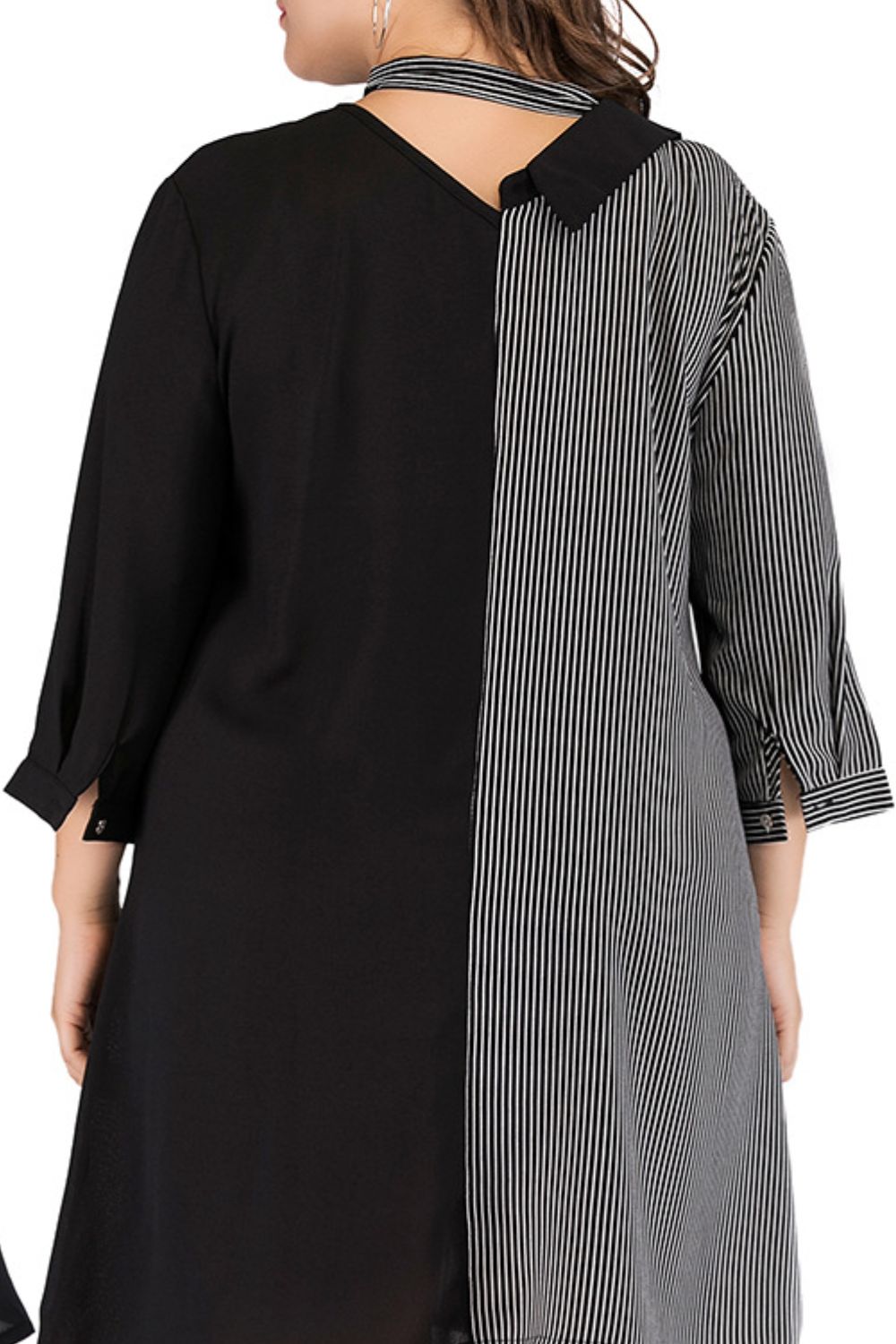Black Plus Size Striped Color Block Tie-Neck Dress Clothes