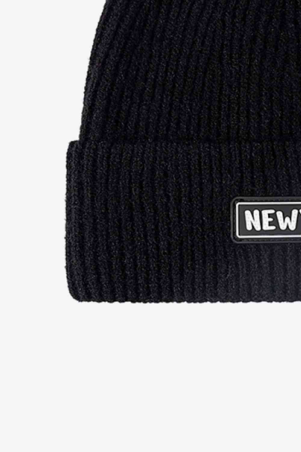 Black NEWYORK Patch Rib-Knit Cuffed Beanie Winter Accessories