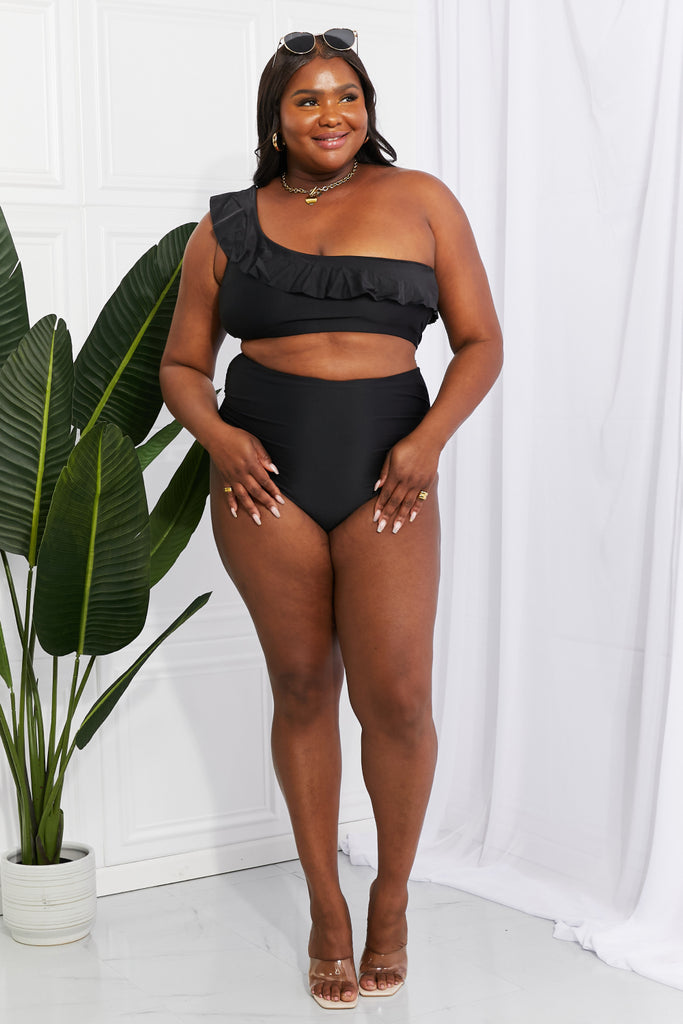 Dark Slate Gray Marina West Swim Seaside Romance Ruffle One-Shoulder Bikini in Black Swimwear