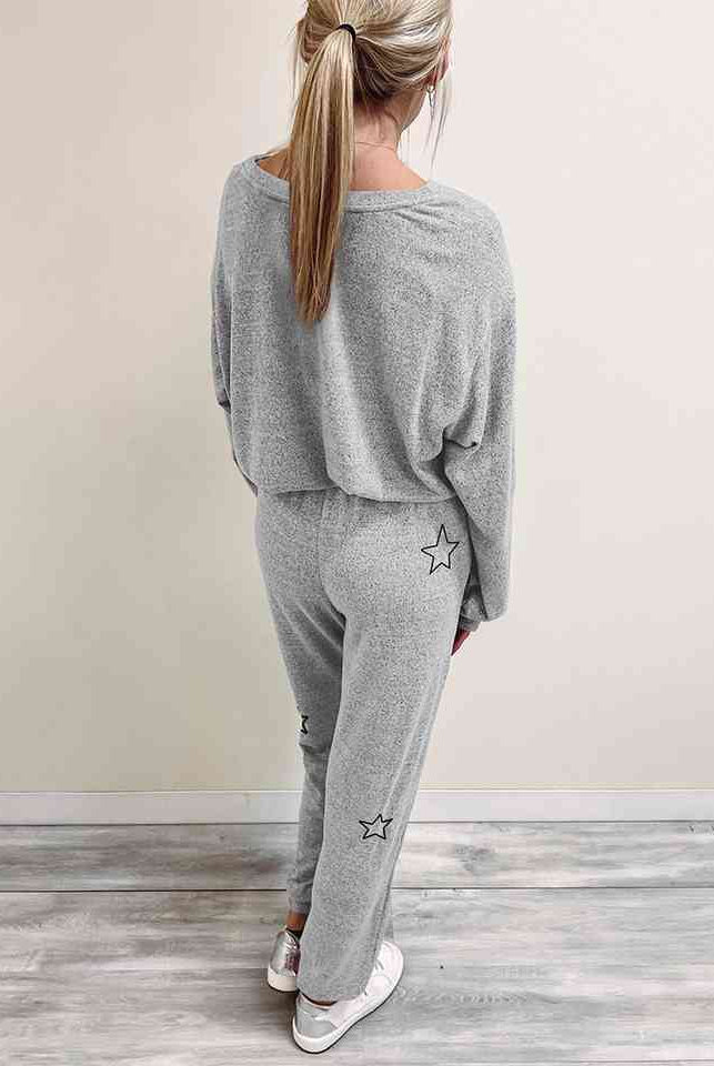 Gray Star Print Long Sleeve Top and Pants Lounge Set Loungewear