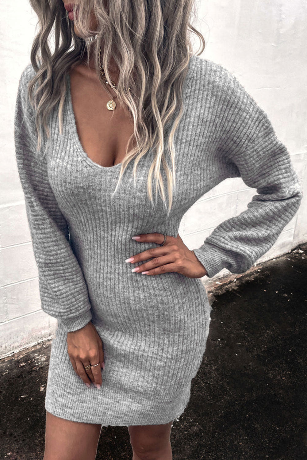 Dark Gray Ribbed Long Sleeve Sweater Dress Clothing