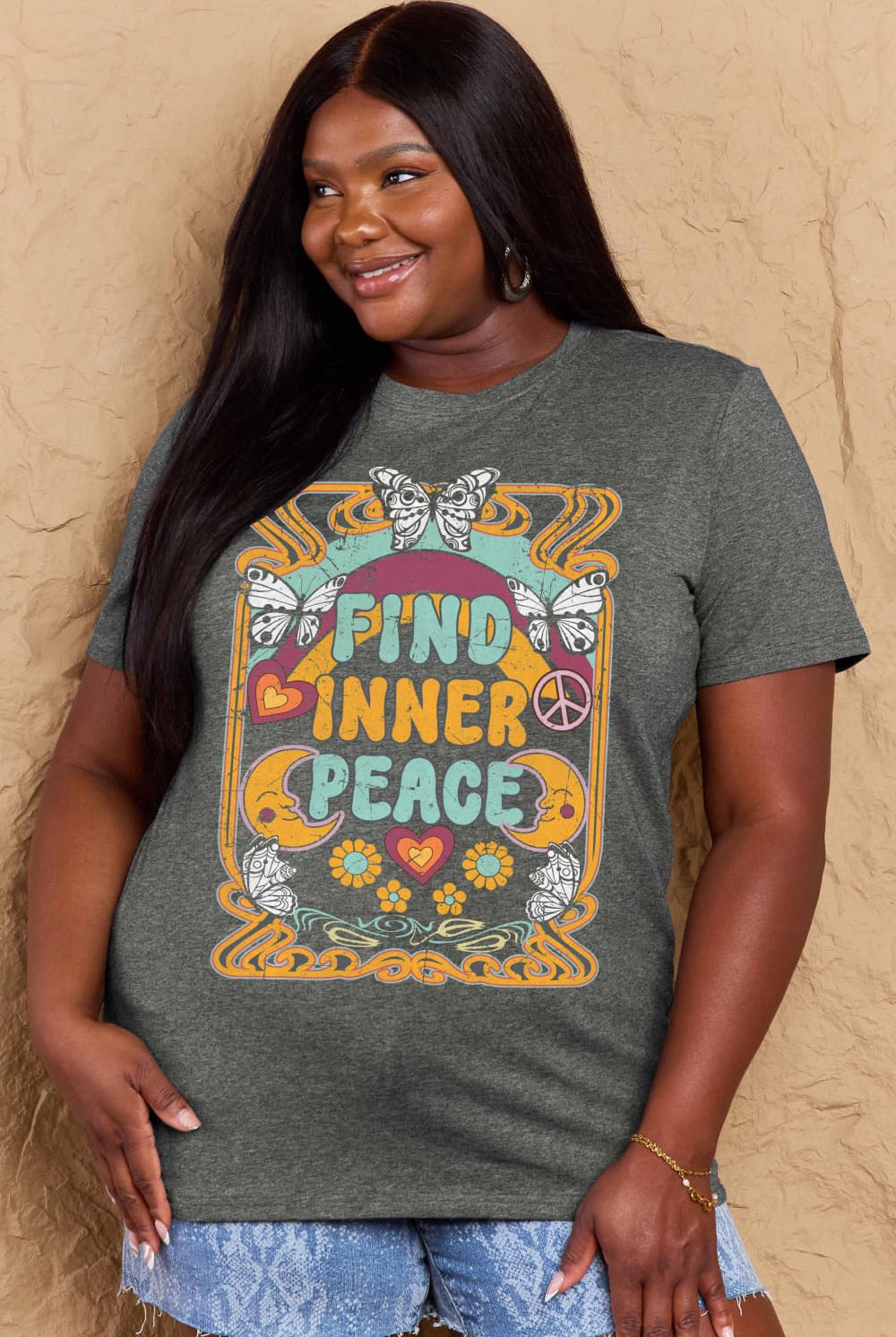 Dim Gray FIND INNER PEACE Graphic Cotton T-Shirt Graphic Tees