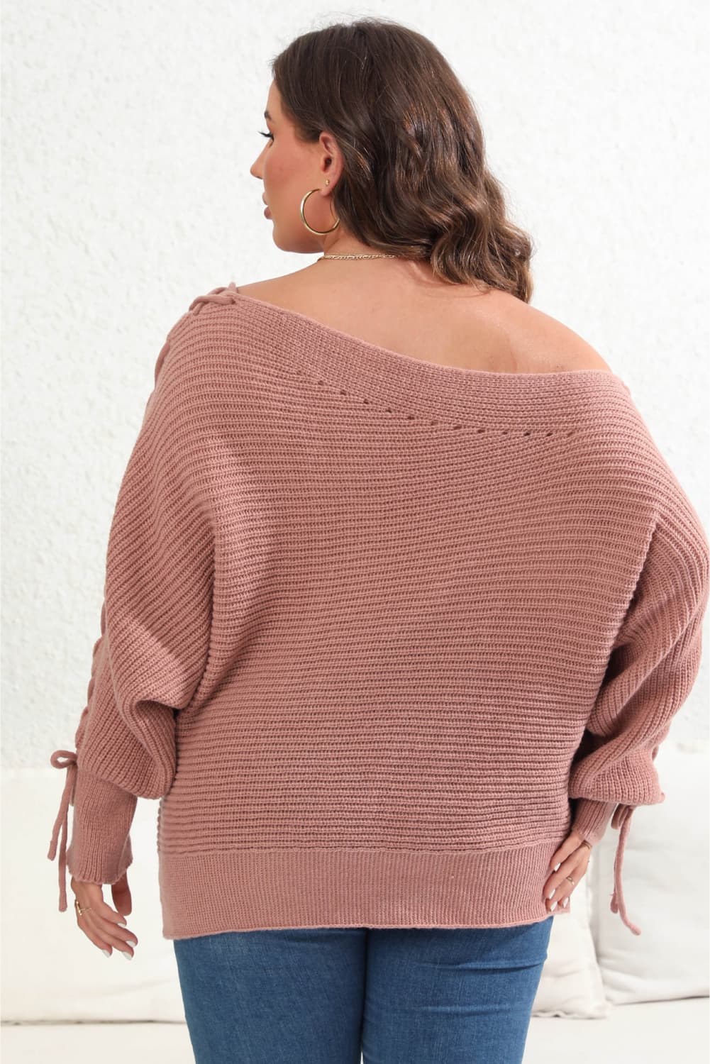 Rosy Brown Plus Size One Shoulder Beaded Sweater Clothing