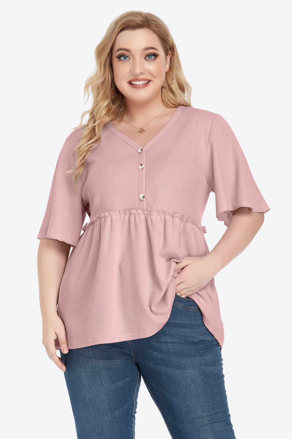 Light Gray Plus Size Buttoned V-Neck Frill Trim Babydoll Blouse Tops