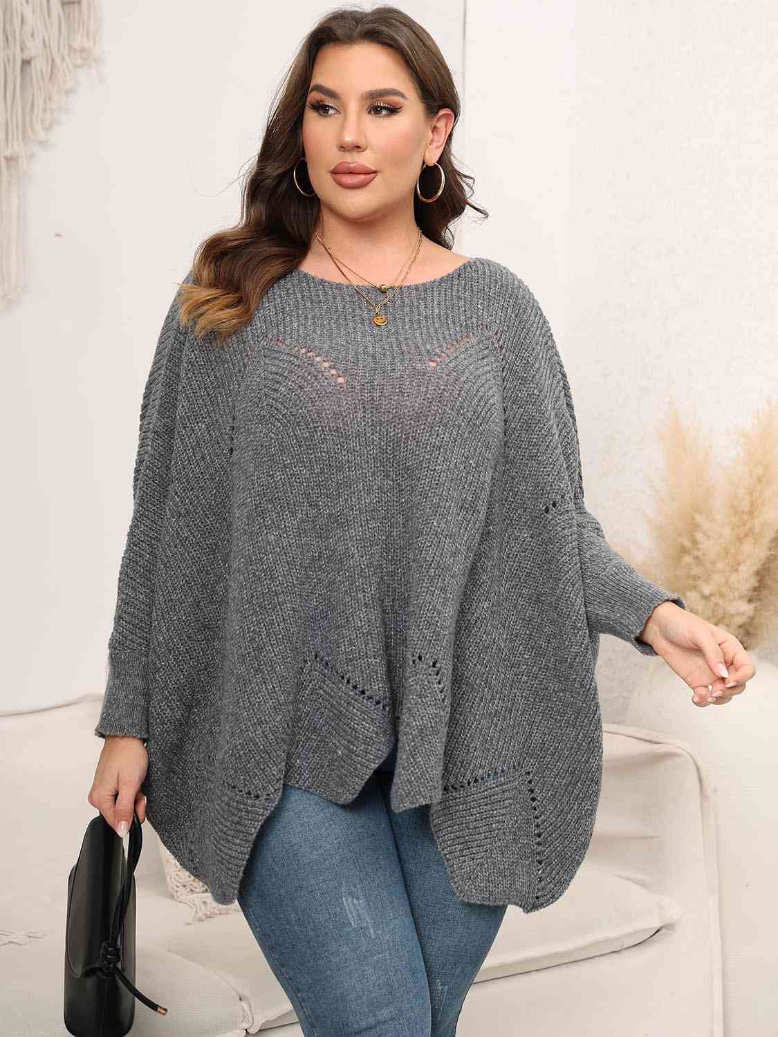 Dark Slate Gray Plus Size Round Neck Batwing Sleeve Sweater Plus Size Clothes