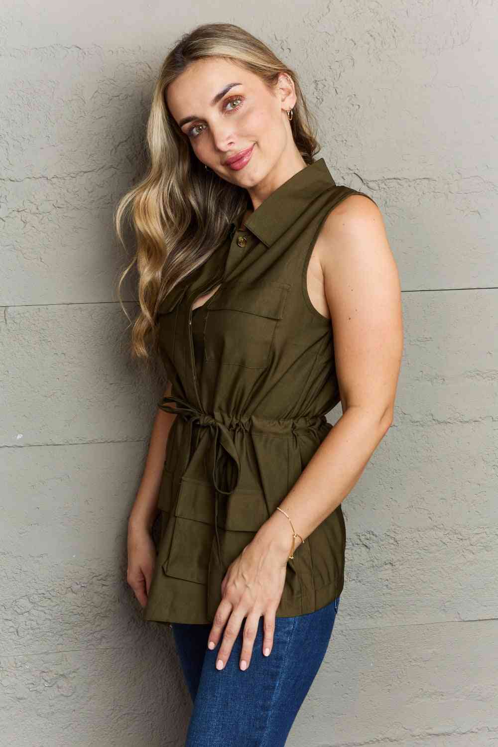 Dark Gray Ninexis Follow The Light Sleeveless Collared Button Down Top Clothing