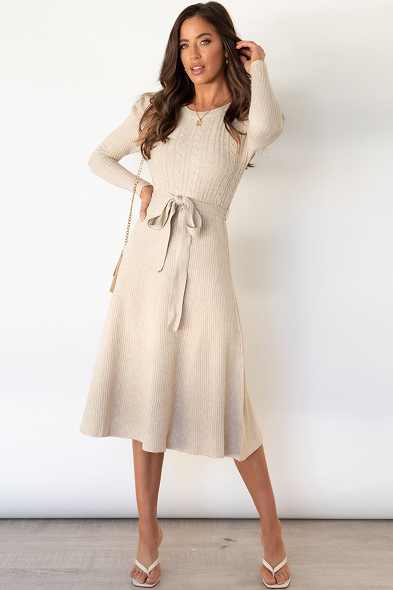 Light Gray Round Neck Long Sleeve Tie Waist Sweater Dress Clothing