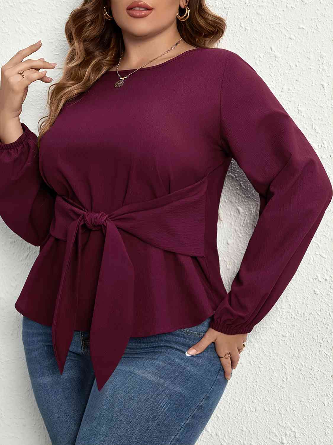 Dark Slate Gray Plus Size Tie Front Long Sleeve Blouse Plus Size Clothes