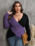 Dim Gray Plus Size Two-Tone Surplice Neck Sweater Clothing