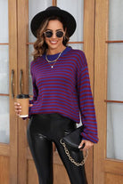 Dim Gray Striped Round Neck Dropped Shoulder Sweater Capsule