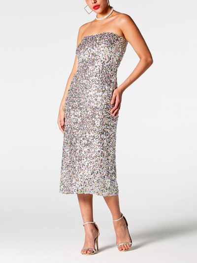 Beige Sequin Straight Neck Midi Wrap Dress New Year Looks