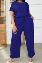 Midnight Blue Plus Size Drawstring Waist Short Sleeve Jumpsuit Plus Size Clothes