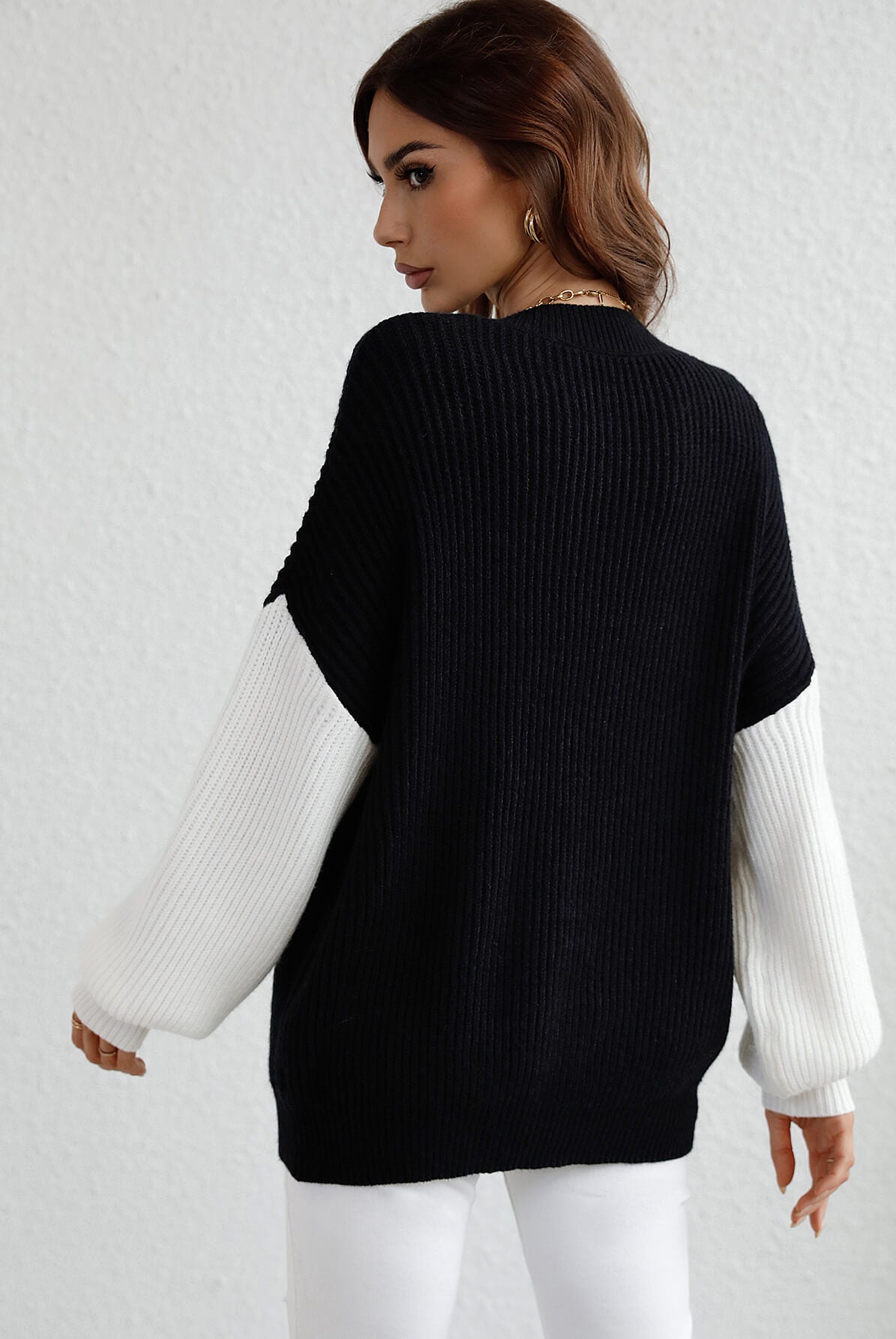 Black Sun Kissed Two-Tone Rib-Knit Dropped Shoulder Sweater Shirts & Tops