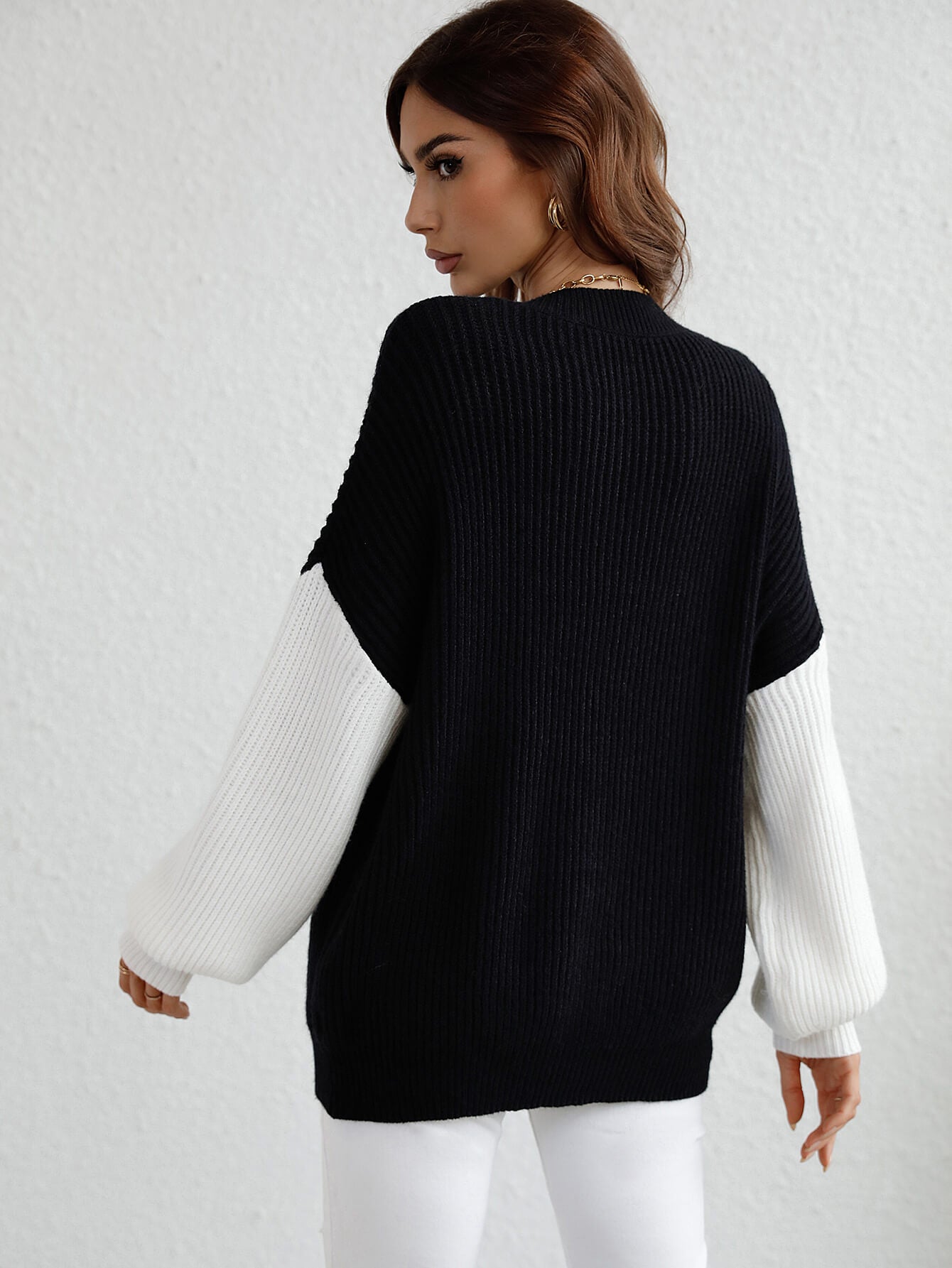 Black Sun Kissed Two-Tone Rib-Knit Dropped Shoulder Sweater Shirts & Tops