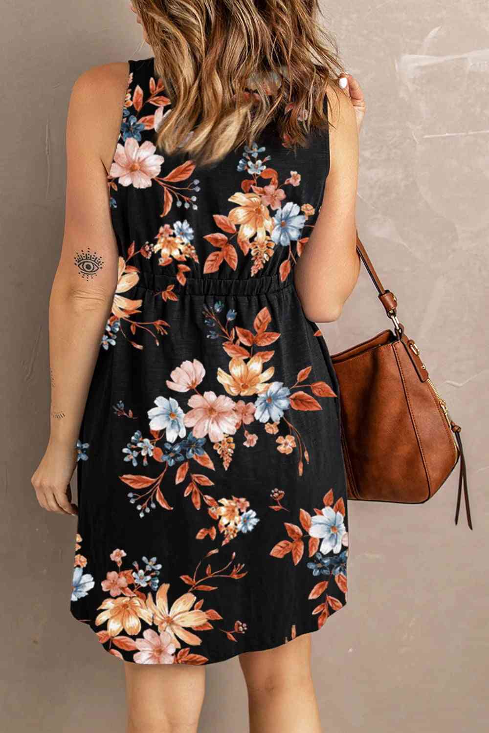 Rosy Brown Double Take Printed Scoop Neck Sleeveless Buttoned Magic Dress with Pockets Trends