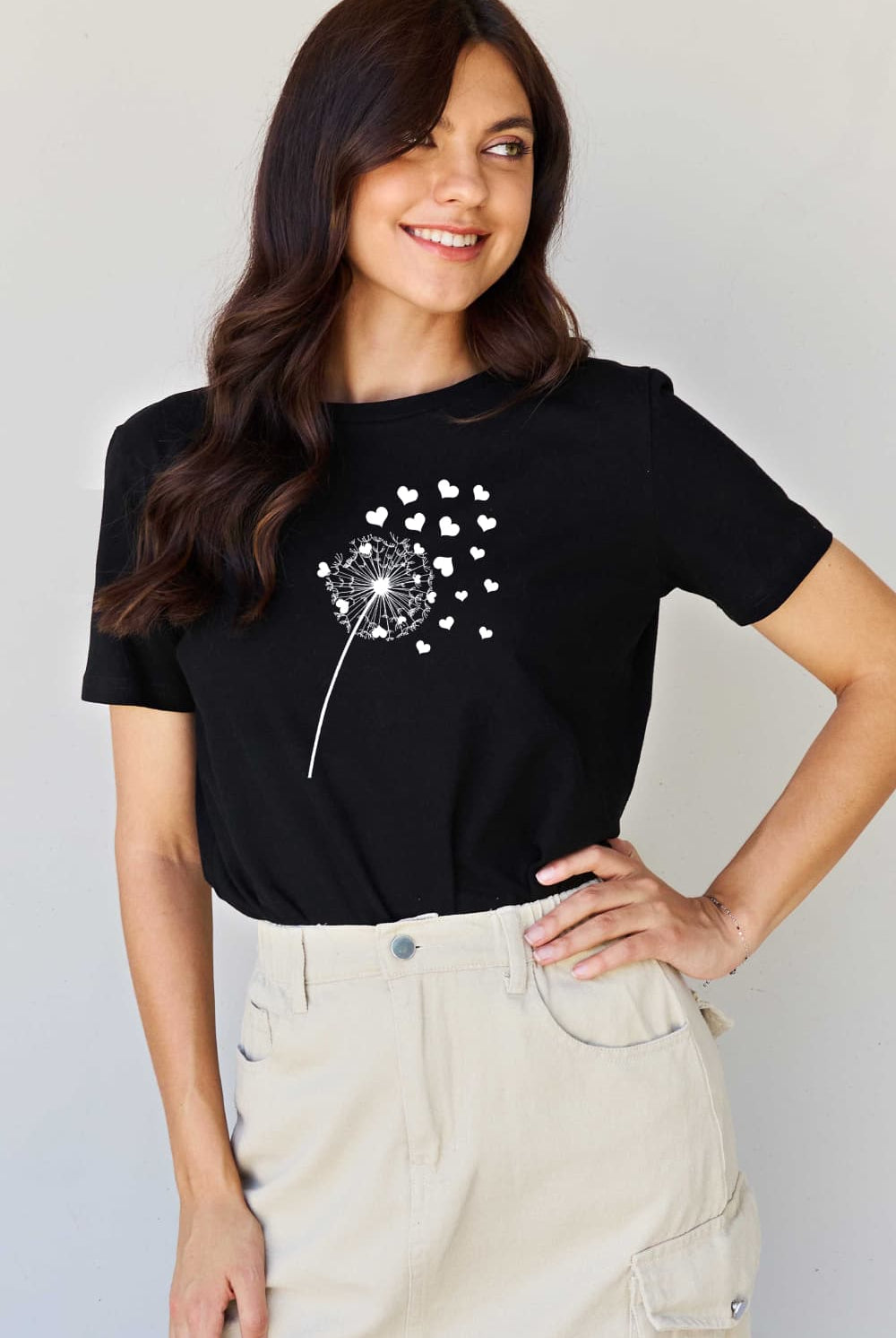 Black Simply Love Full Size Dandelion Heart Graphic Cotton T-Shirt Graphic Tees