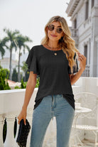 Gray Eyelet Flutter Sleeve Round Neck Top Tops