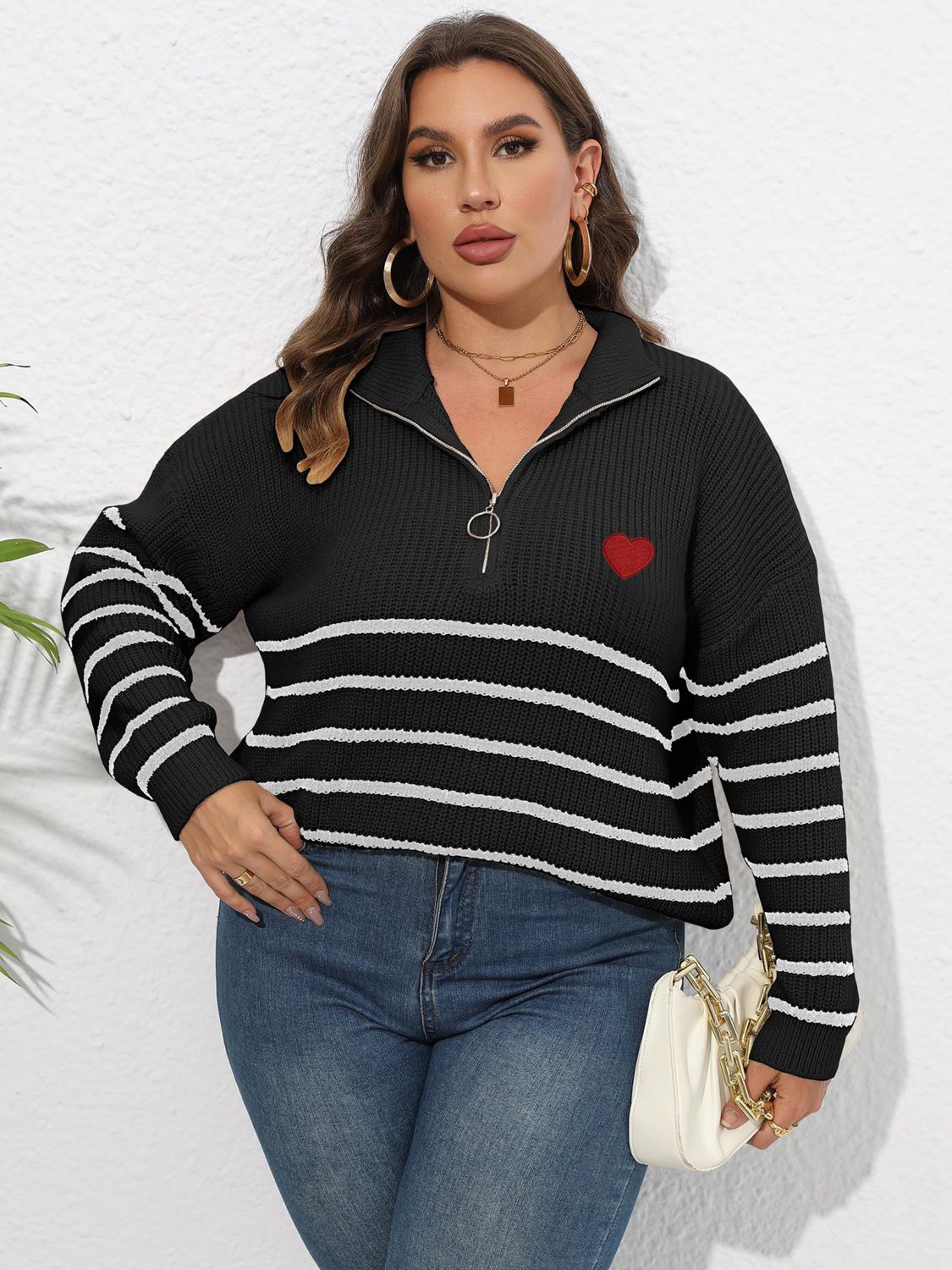 Light Gray Plus Size Zip-Up Striped Sweater Clothing