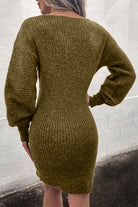 Dark Olive Green Ribbed Long Sleeve Sweater Dress Clothing