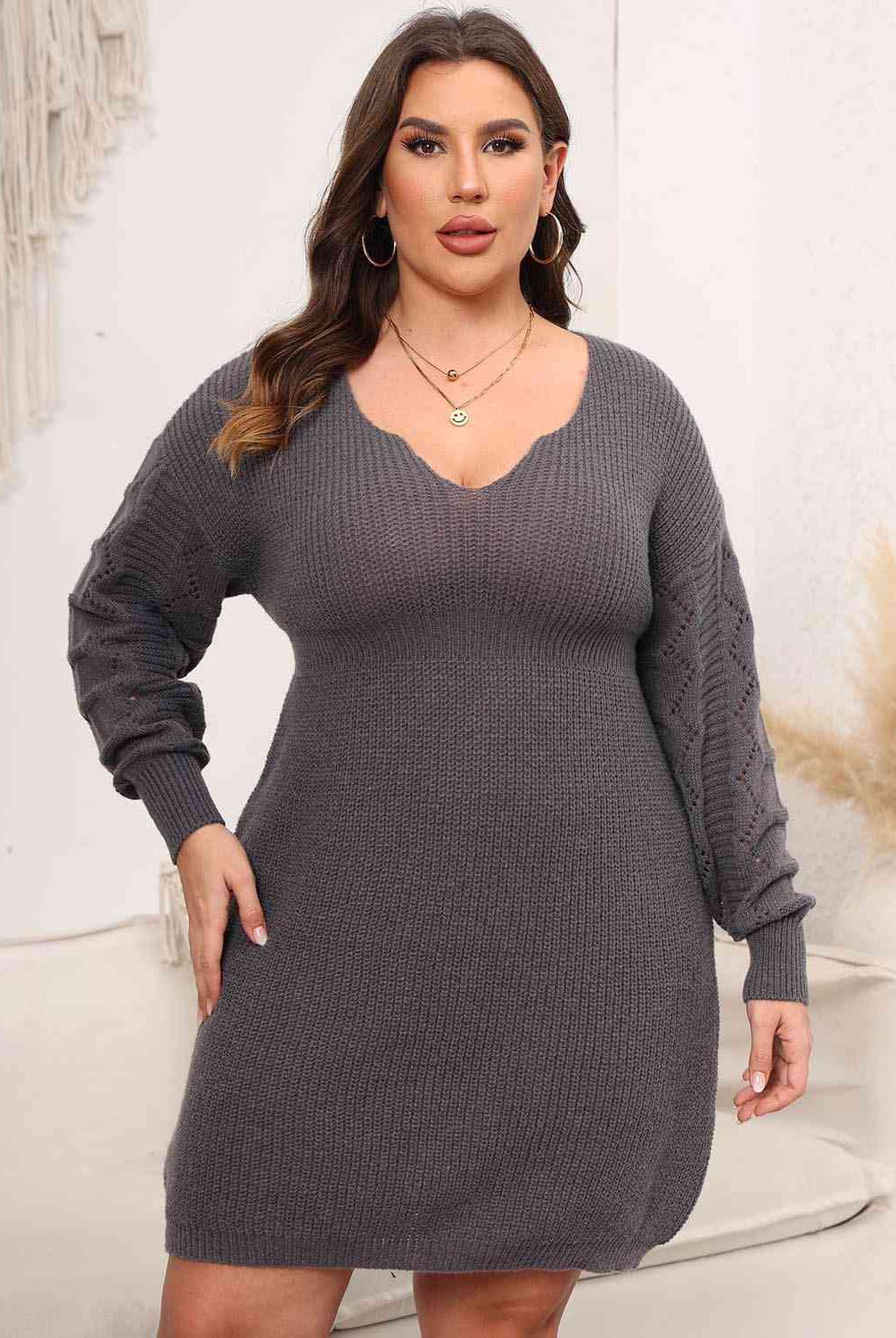 Light Gray Plus Size Dropped Shoulder Long Sleeve Knit Mini Dress Plus Size Clothes