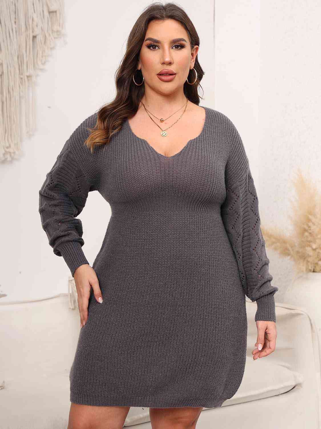 Light Gray Plus Size Dropped Shoulder Long Sleeve Knit Mini Dress Plus Size Clothes