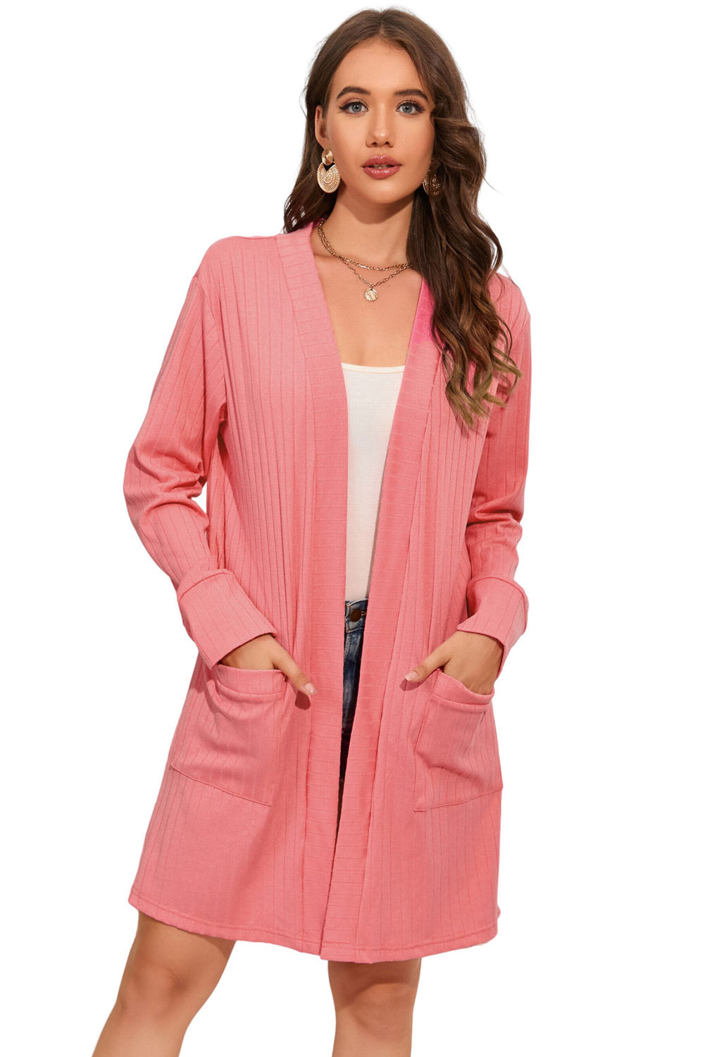 Light Coral Open Front Long Sleeve Longline Cardigan with Pockets