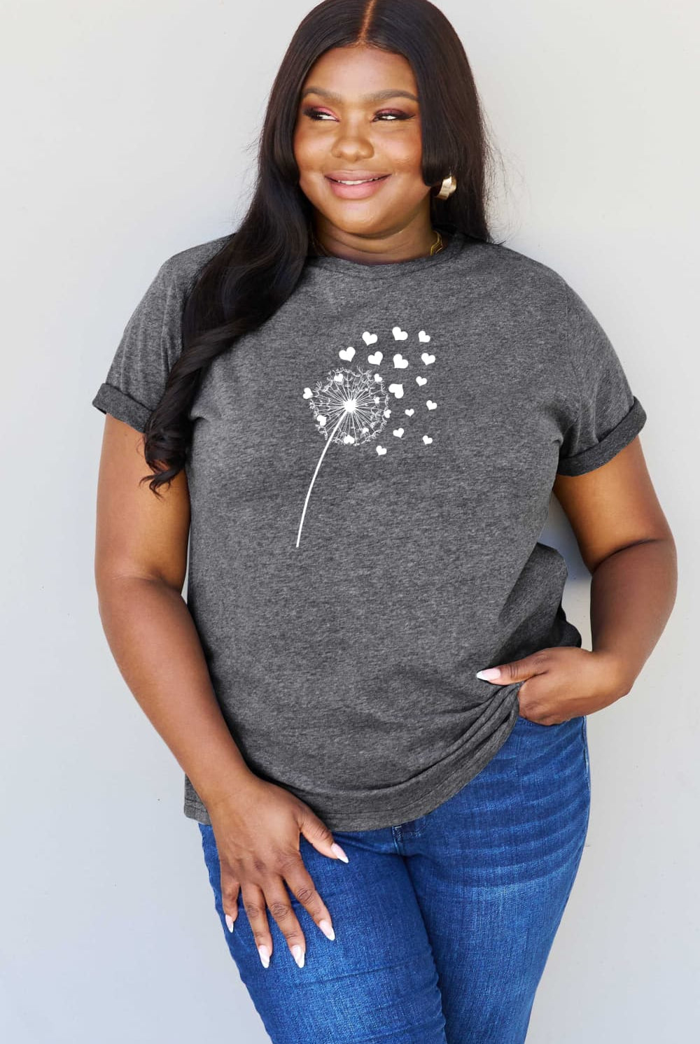 Dark Slate Gray Simply Love Full Size Dandelion Heart Graphic Cotton T-Shirt Graphic Tees