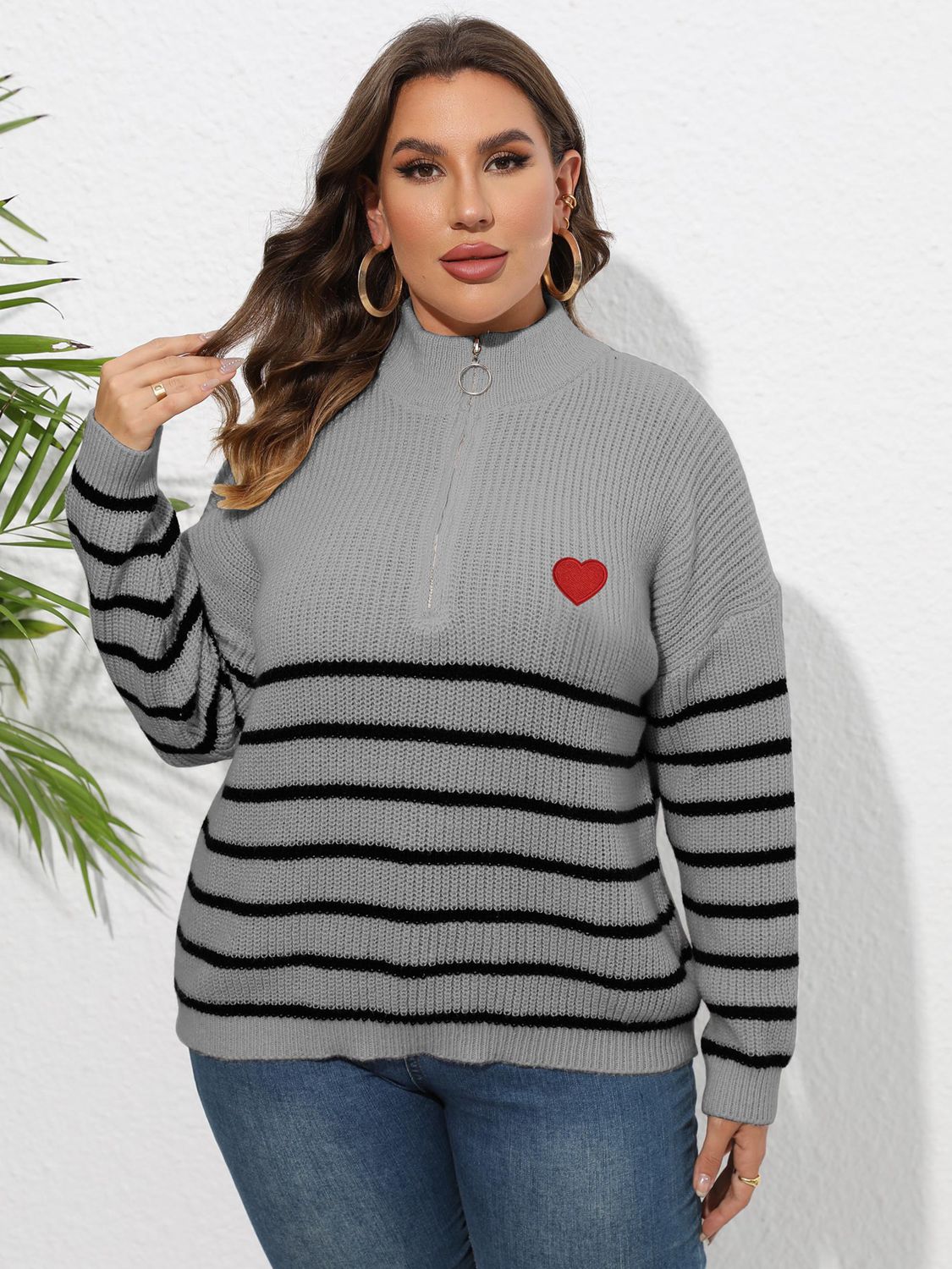 Light Gray Plus Size Zip-Up Striped Sweater Clothing