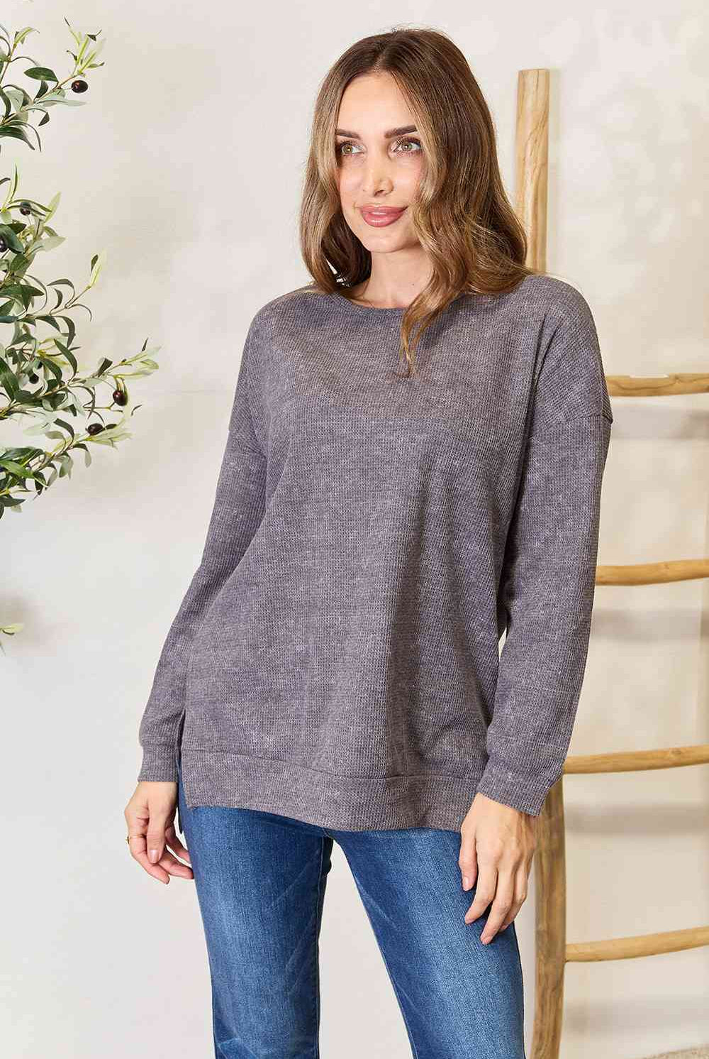 Light Gray Basic Bae Round Neck Drop Shoulder Slit Sweatshirt Clothing