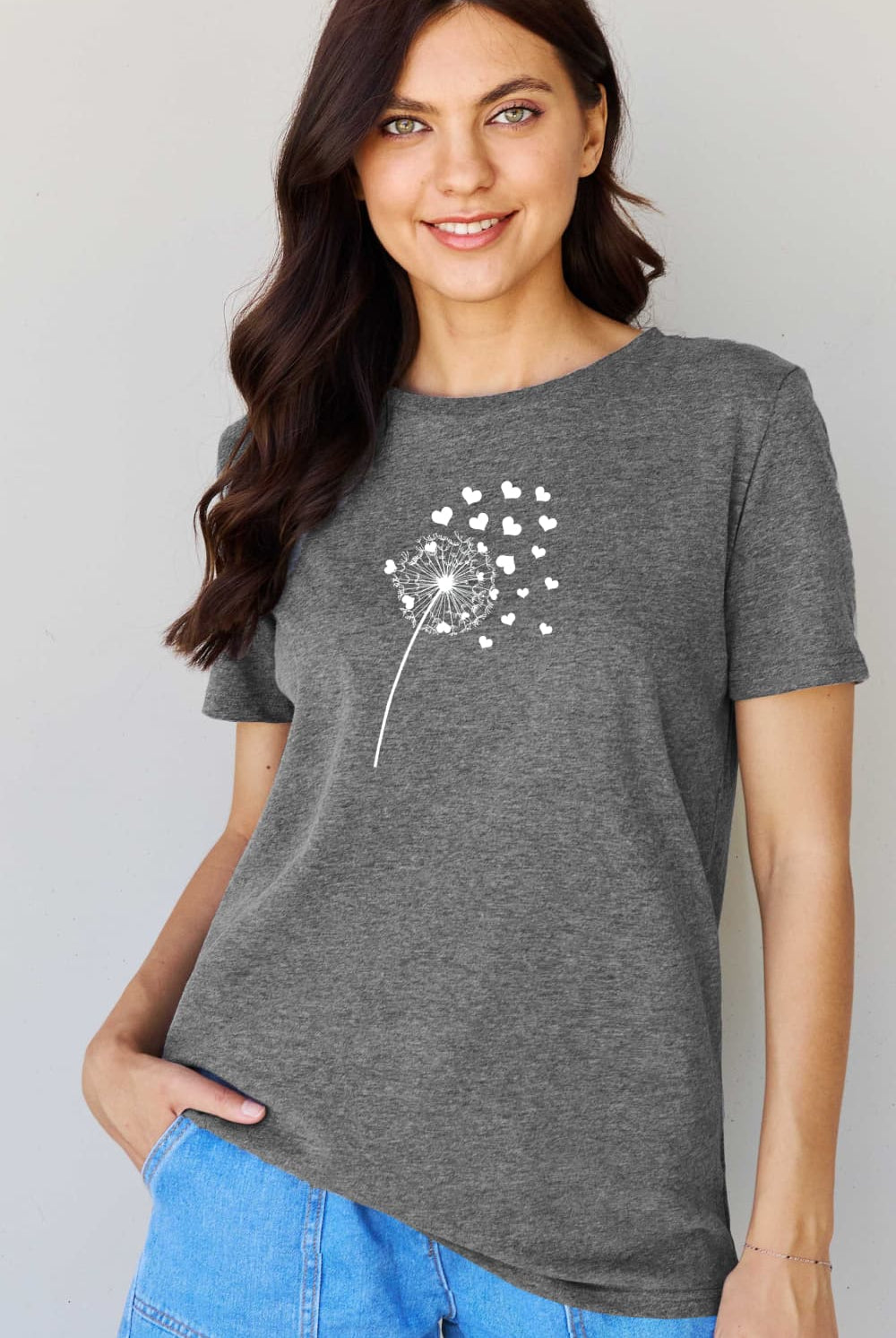 Gray Simply Love Full Size Dandelion Heart Graphic Cotton T-Shirt Graphic Tees