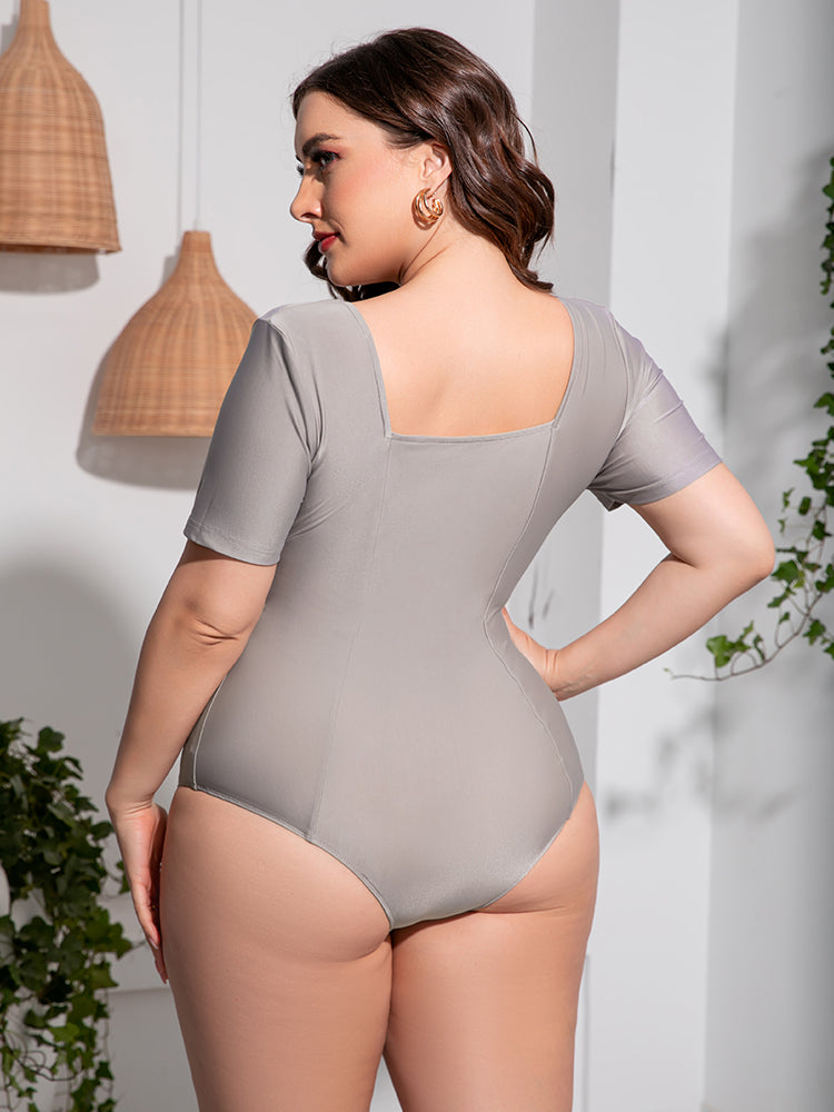 Gray Plus Size Scoop Neck Short Sleeve One-Piece Swimsuit Plus Size Clothes