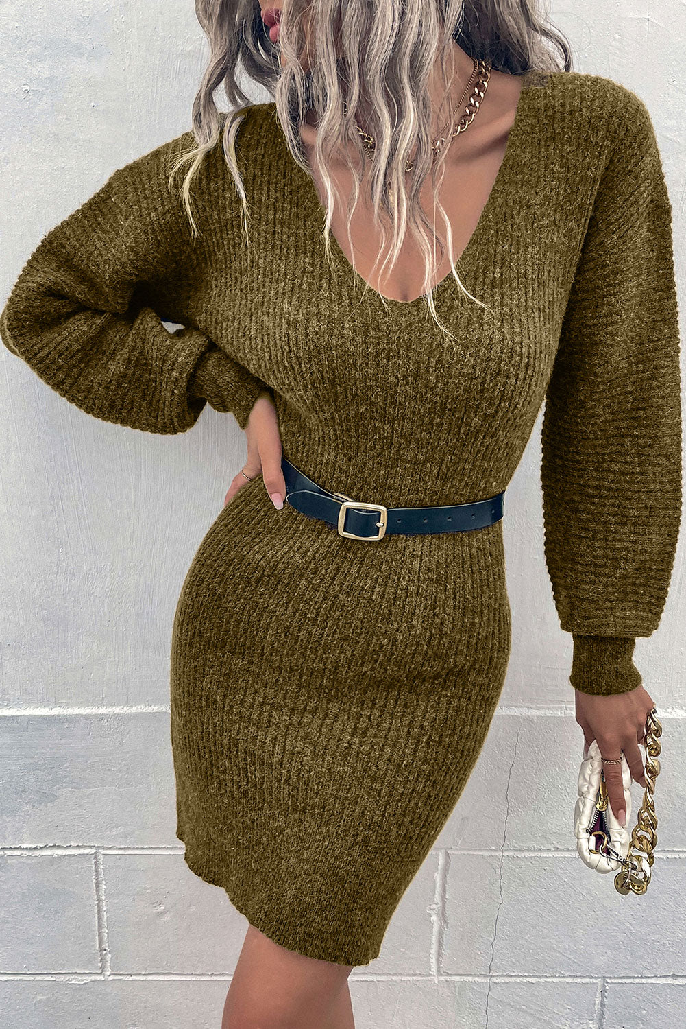 Gray Ribbed Long Sleeve Sweater Dress Clothing