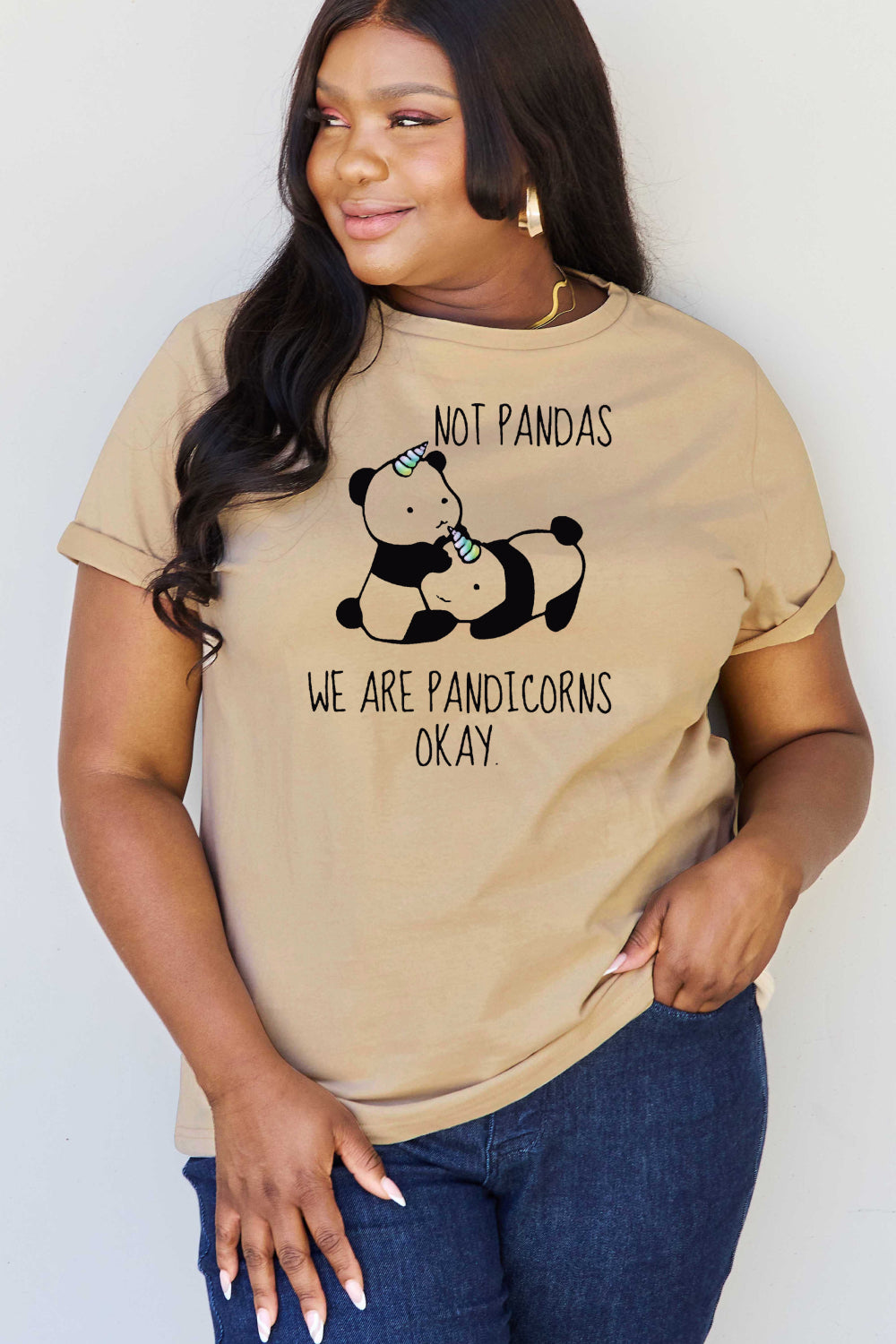 Tan Simply Love Full Size  Pandicorn Graphic Cotton T-Shirt Graphic Tees