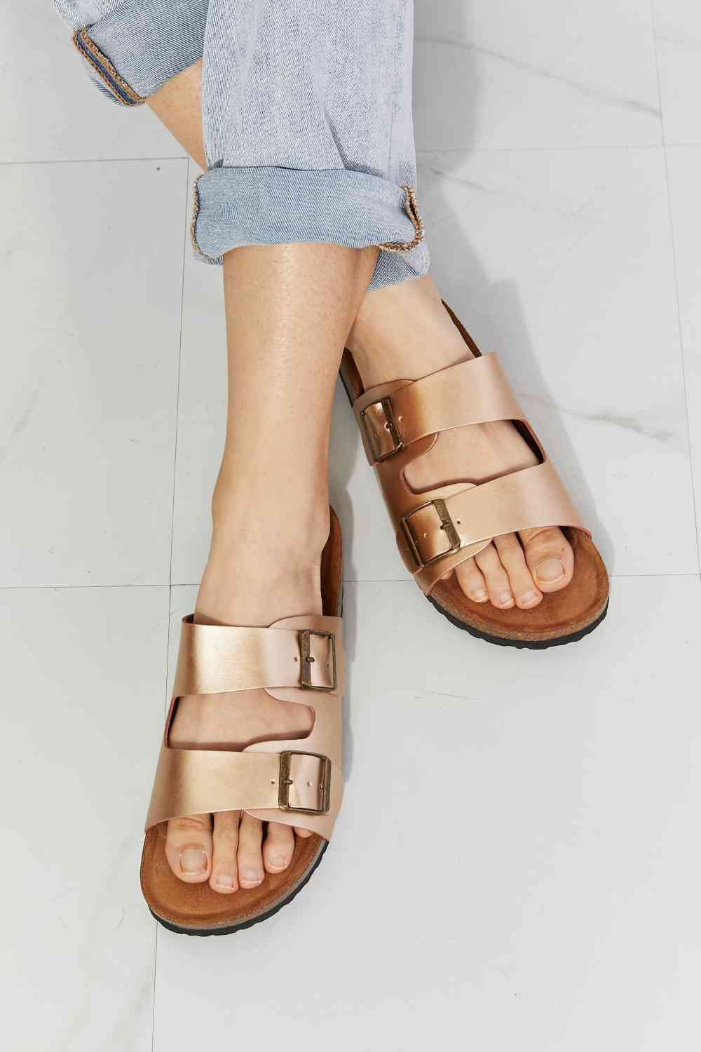 Light Gray MMShoes Best Life Double-Banded Slide Sandal in Gold Shoes