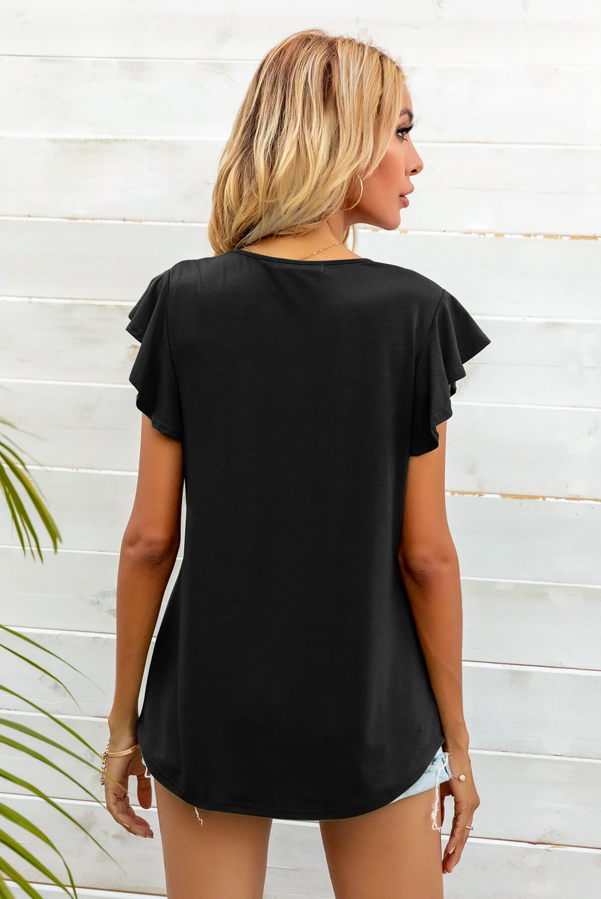 Black Round Neck Butterfly Sleeve Top Tops