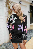 Gray Flower Round Neck Drop Shoulder Sweater Holiday