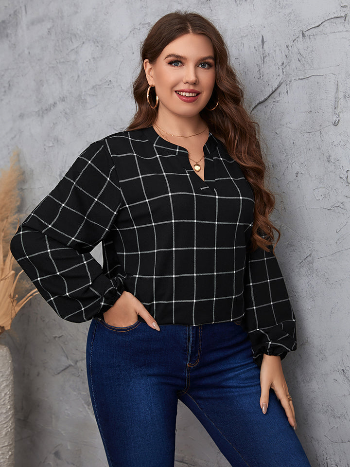 Dark Slate Gray Plus Size Notched Neck Long Sleeve Blouse Clothing