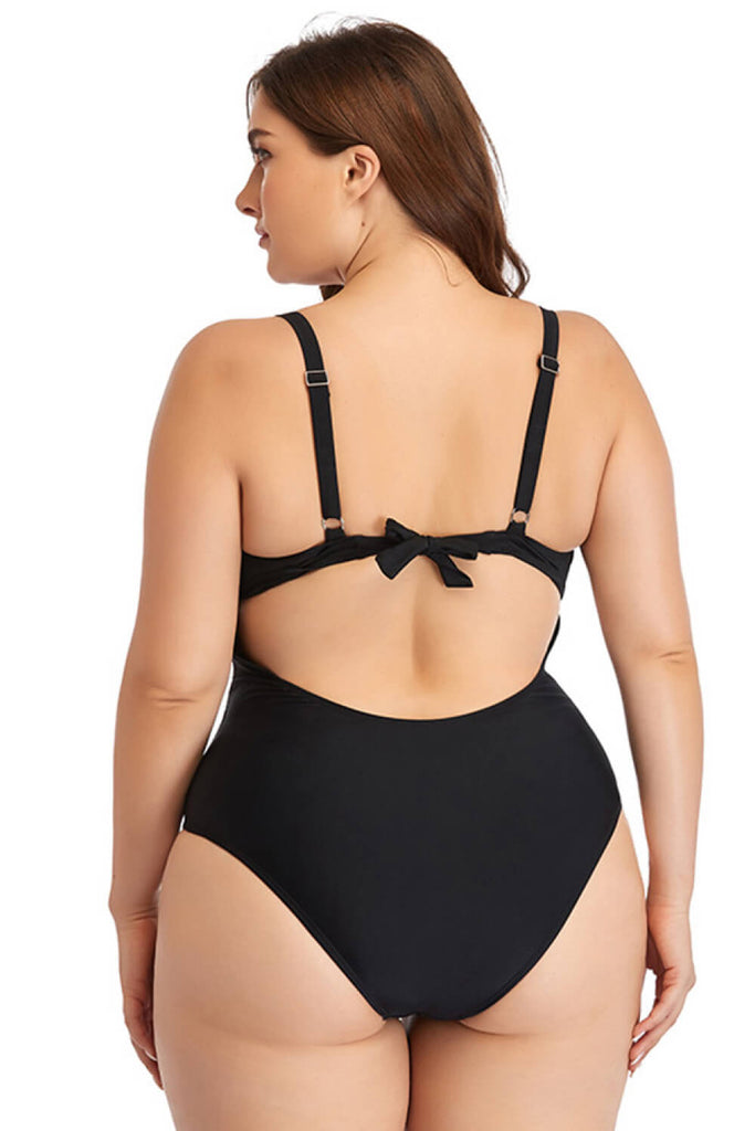 Tan Plus Size Spliced Mesh Tie-Back One-Piece Swimsuit Swimwear