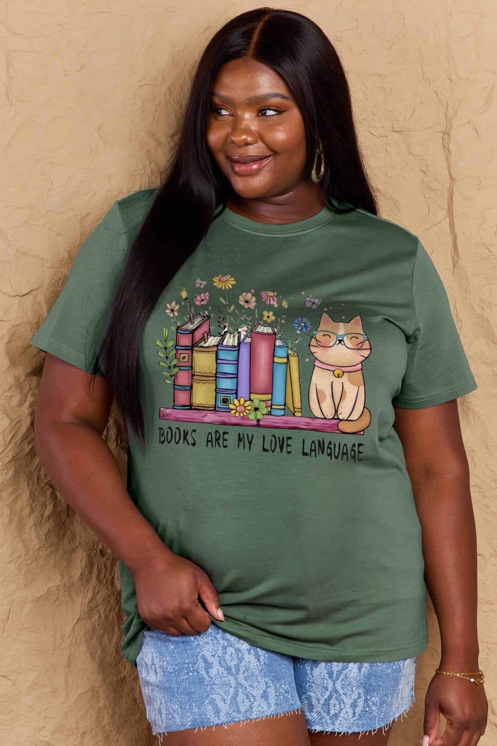 Dark Olive Green BOOKS ARE MY LOVE LANGUAGE Graphic Cotton Tee Graphic Tees