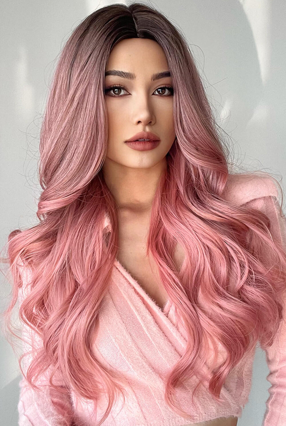 Gray Fashion Wave Synthetic Long Wigs in Pink 26'' Wigs