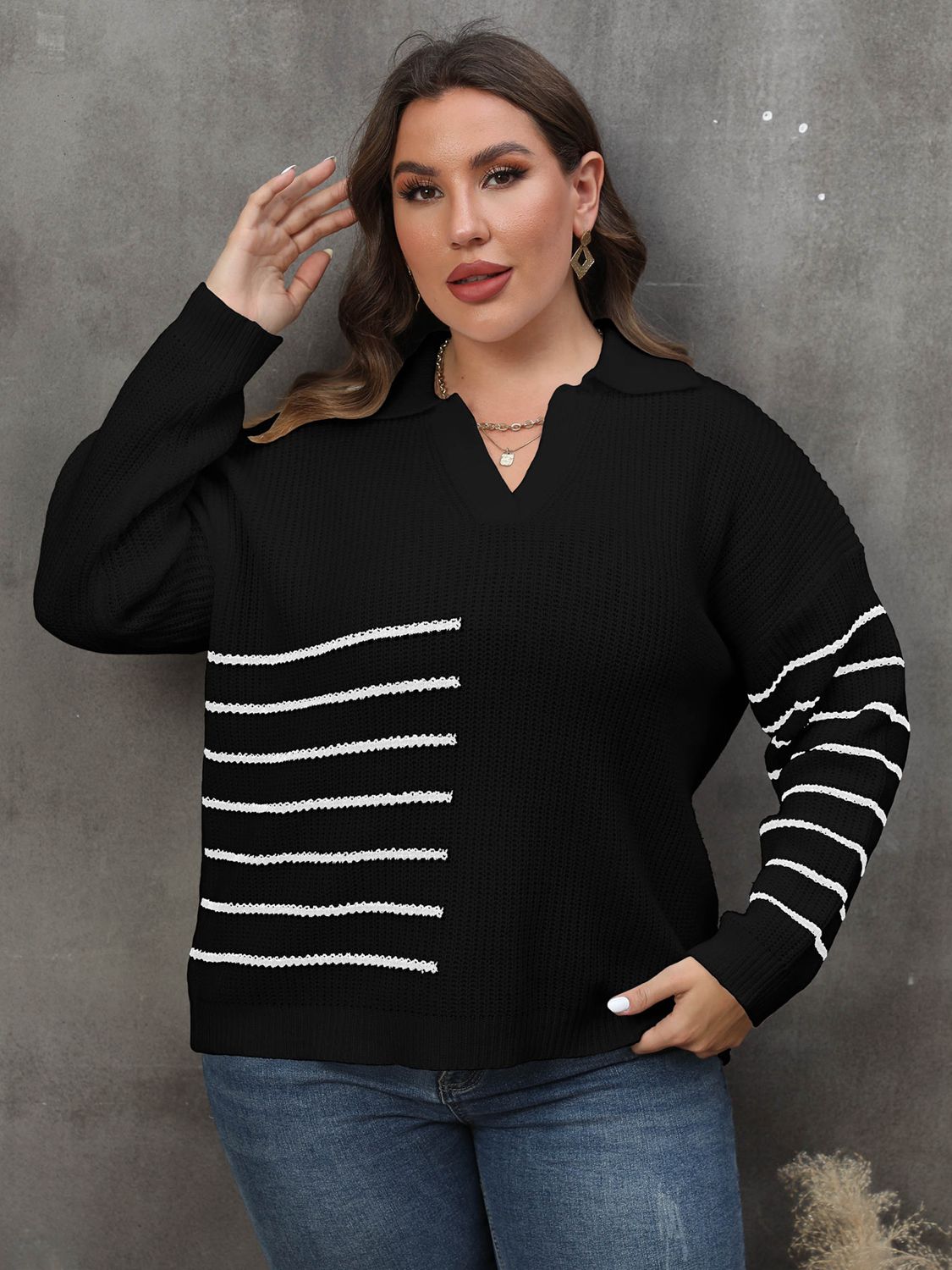 Dark Slate Gray Plus Size Striped V-Neck Sweater Clothing