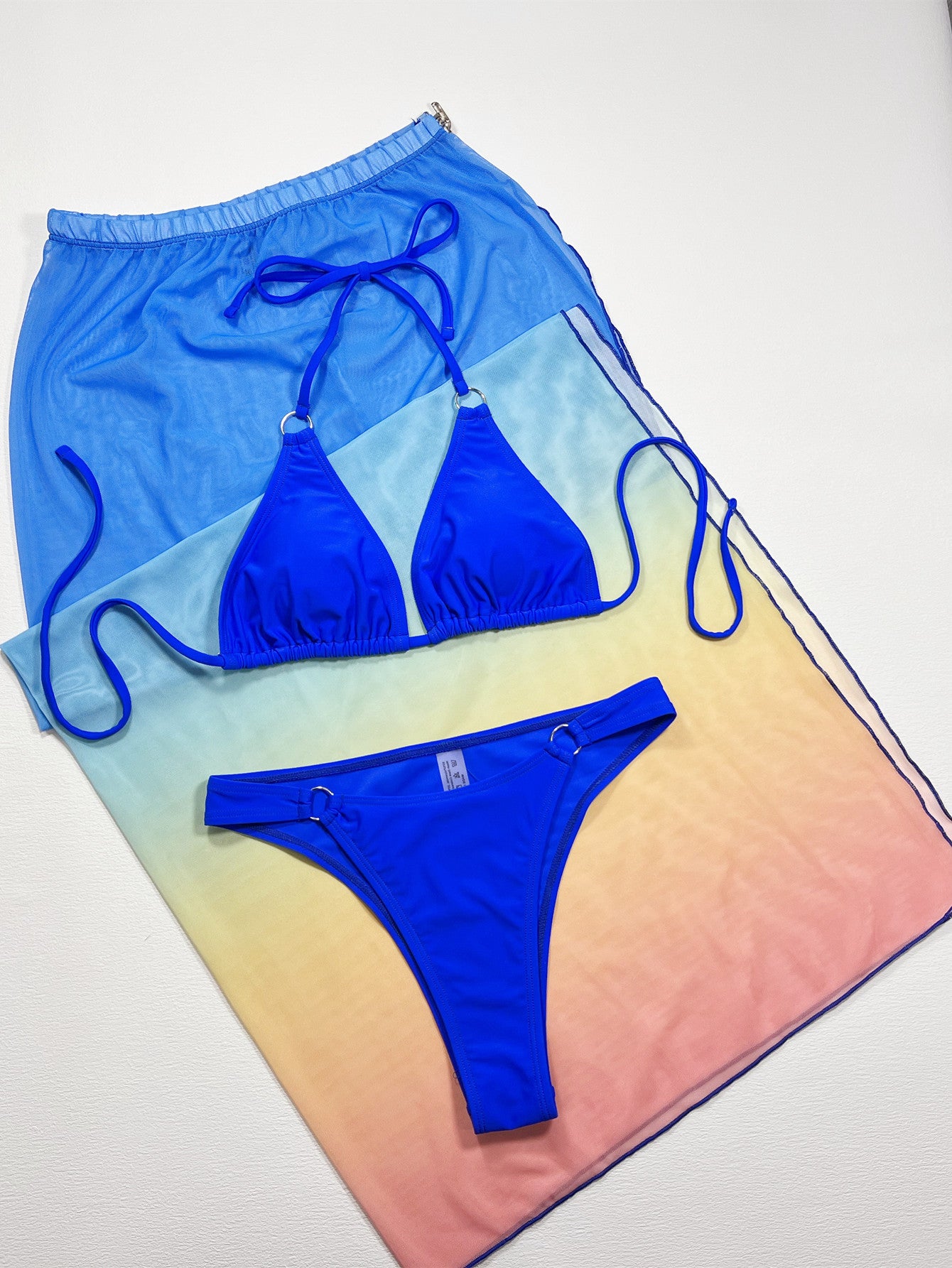 Royal Blue Gradient Halter Neck Three-Piece Swim Set Clothing