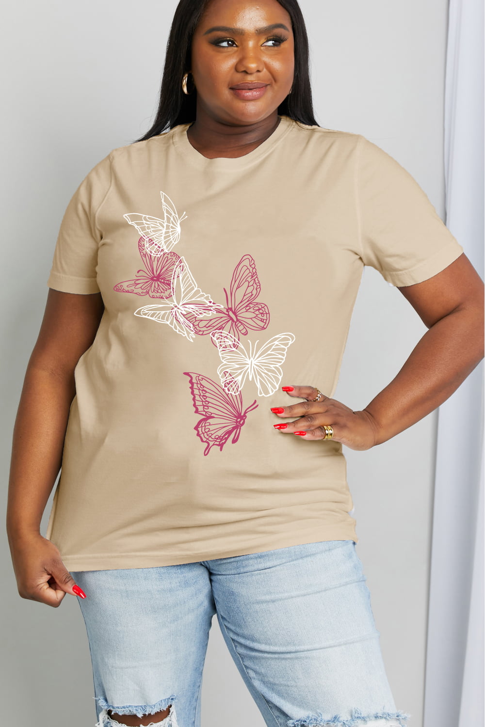Gray Simply Love Full Size Butterfly Graphic Cotton Tee Tops