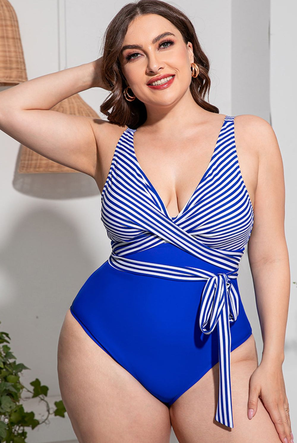 Rosy Brown No Caption Needed Plus Size Striped Tie-Waist One-Piece Swimsuit Swimwear