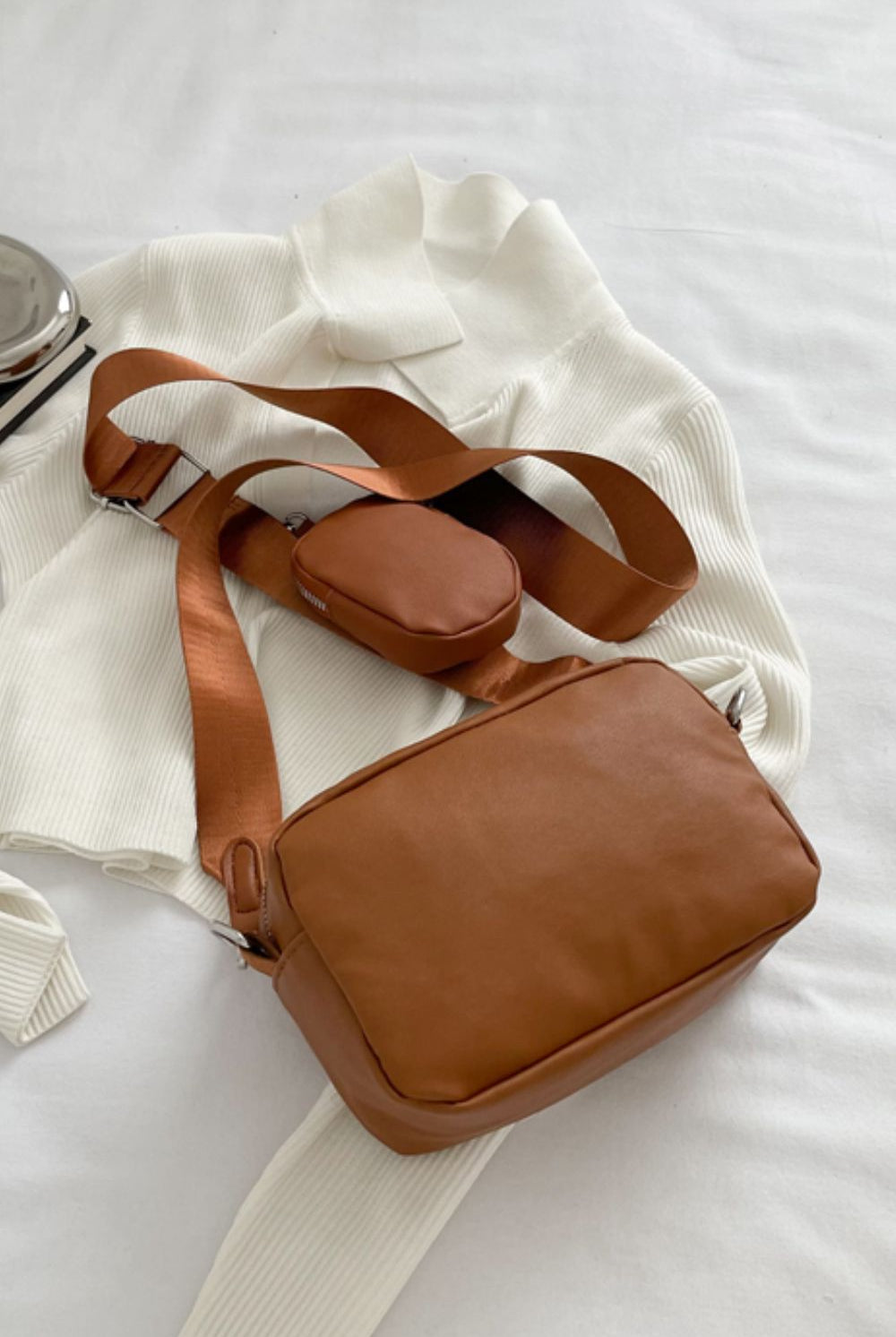 Light Gray Adored PU Leather Shoulder Bag with Small Purse Handbags