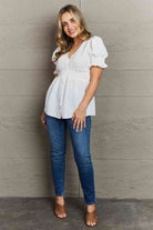 Light Slate Gray Culture Code Sweet Serenity  Full Size V-Neck Puff Sleeve Button Down Top Clothing