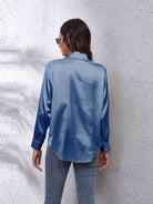 Gray Collared Neck Buttoned Long Sleeve Shirt Plus Size Clothes