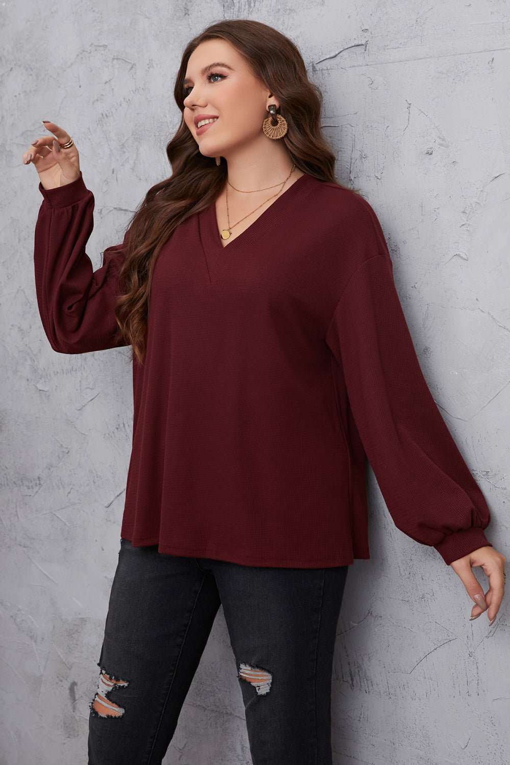 Dark Gray Harvest Hues Plus Size V-Neck Dropped Shoulder Blouse Plus Size Tops