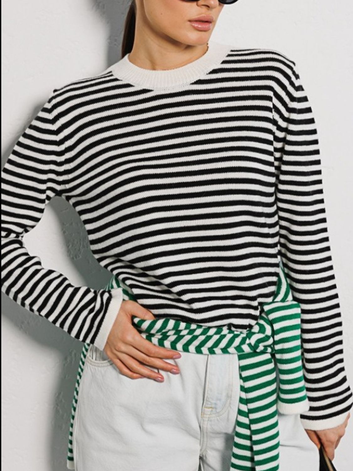 Black Striped Round Neck Long Sleeve Sweater Clothing