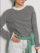Black Striped Round Neck Long Sleeve Sweater Clothing